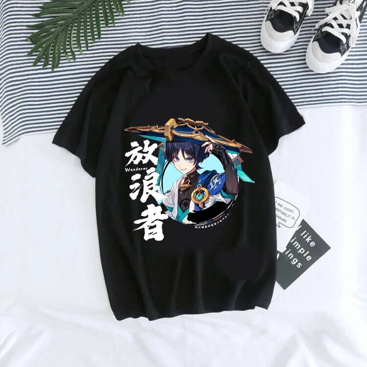 Back view of Genshin Impact Hu Tao Xiao kawaii graphic tee unisex streetwear style at TeenStylo