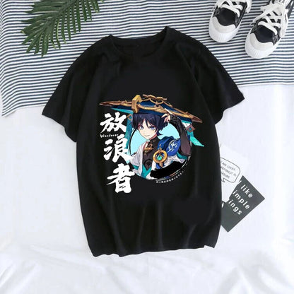 Back view of Genshin Impact Hu Tao Xiao kawaii graphic tee unisex streetwear style at TeenStylo