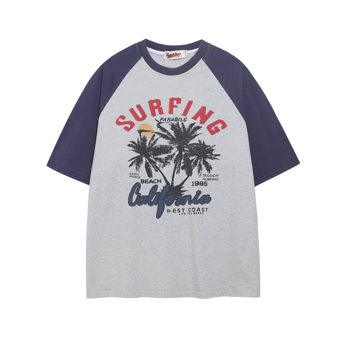 Yellow retro colorblock coconut tree print short sleeve shirt back view - TeenStylo