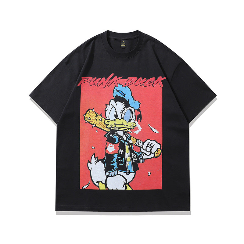 Black cartoon print couple t-shirt loose short sleeve front view men's streetwear tee TeenStylo