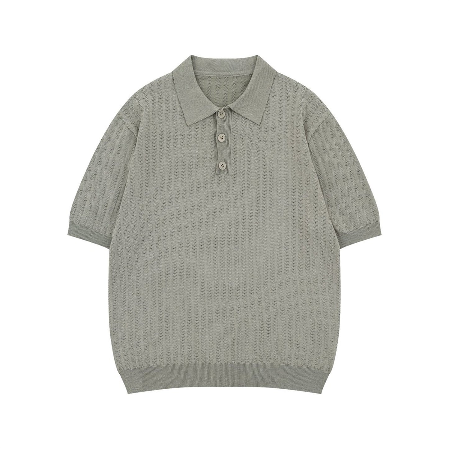 Light Blue Gray Unisex Hollow Out Polo Knit Short Sleeve Top Front View - TeenStylo