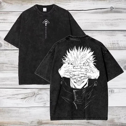 Unisex vintage washed cotton anime print t-shirt in colour 5, short sleeve summer streetwear front view – TeenStylo