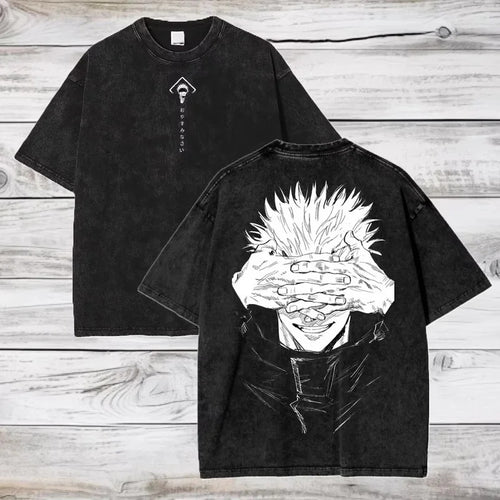 Unisex vintage washed cotton anime print t-shirt in colour 5, short sleeve summer streetwear front view – TeenStylo