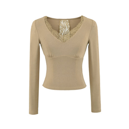 Khaki unisex V-neck long sleeve T-shirt lifestyle shot, Y2K streetwear style - TeenStylo