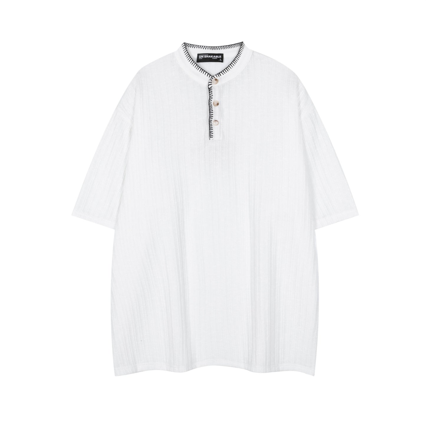 White men's textured henley collar short sleeve T-shirt streetwear style lifestyle shot TeenStylo