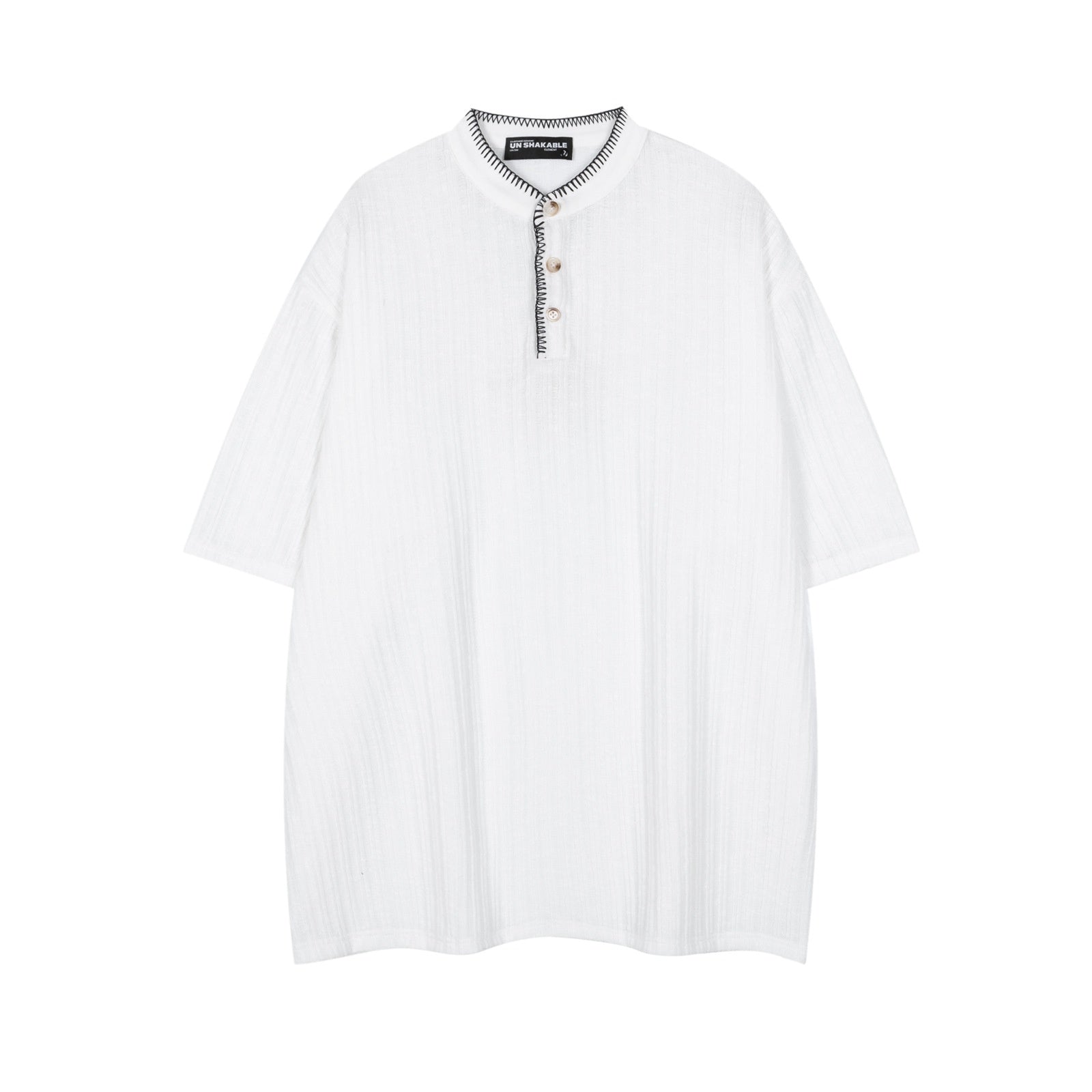 White men's textured henley collar short sleeve T-shirt streetwear style lifestyle shot TeenStylo