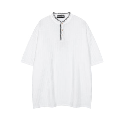White men's textured henley collar short sleeve T-shirt streetwear style lifestyle shot TeenStylo