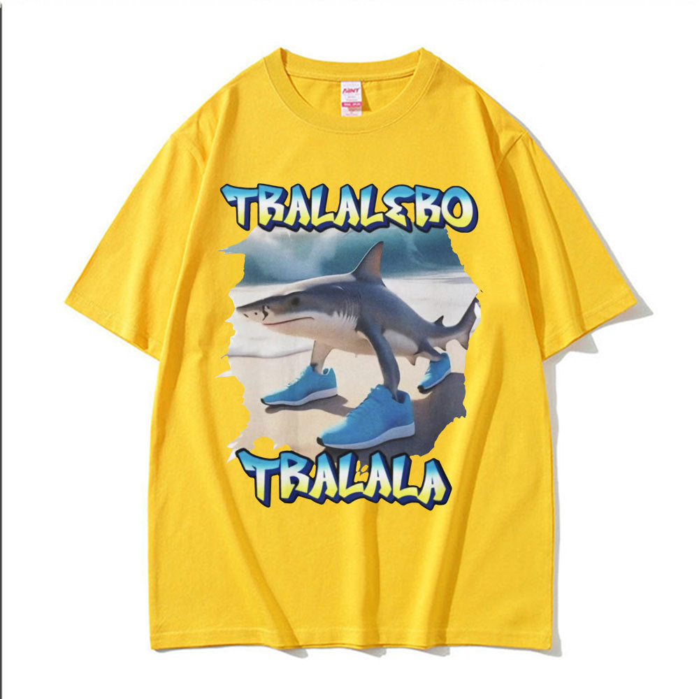 Yellow Tralalero Tralala funny running shark meme graphic tee shirt for men lifestyle TeenStylo