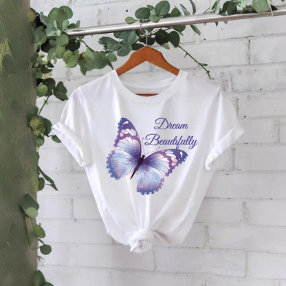 Deep purple butterfly graphic detail on women's short sleeve T-shirt, Y2K streetwear style | TeenStylo