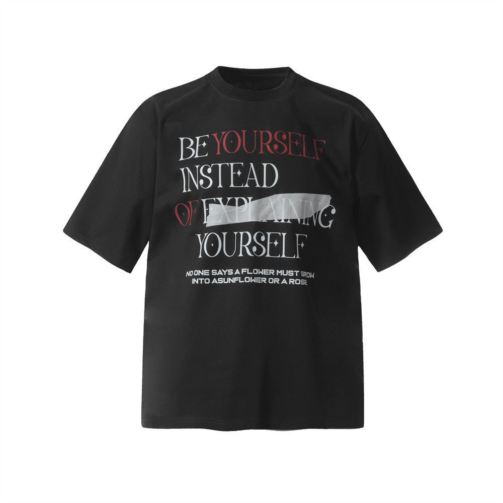 Black alphabet print short sleeve unisex streetwear t-shirt lifestyle shot TeenStylo