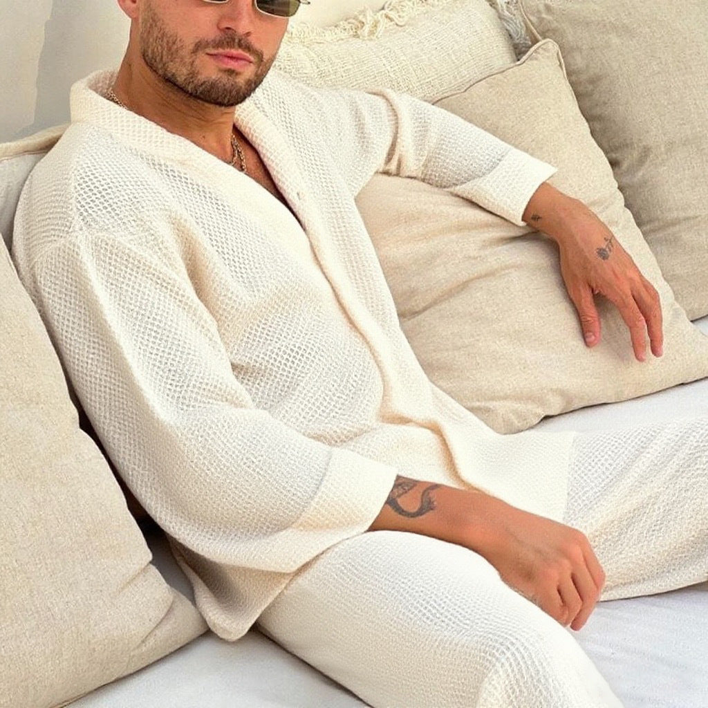 White long sleeve shirt and pants casual summer set for men lifestyle look | TeenStylo