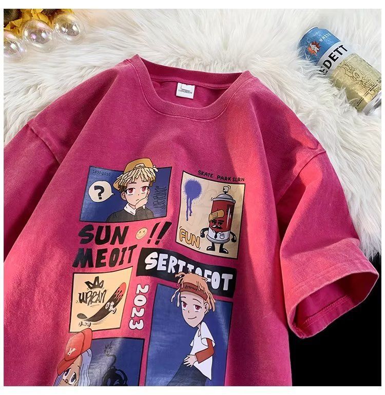 Red anime cartoon graphic tee men's short sleeve casual streetwear summer T-shirt lifestyle view TeenStylo