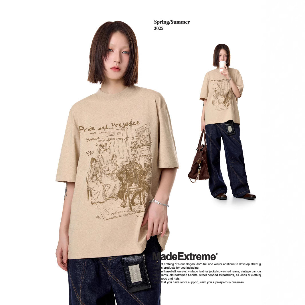 Gray floral detail close-up on retro round neck unisex short-sleeve tee streetwear style TeenStylo