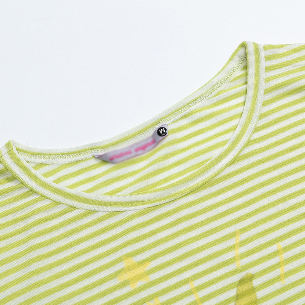 Close-up detail of men's pink striped long sleeve cartoon T-shirt fabric and print - TeenStylo
