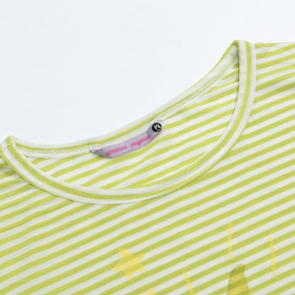 Close-up detail of men's pink striped long sleeve cartoon T-shirt fabric and print - TeenStylo