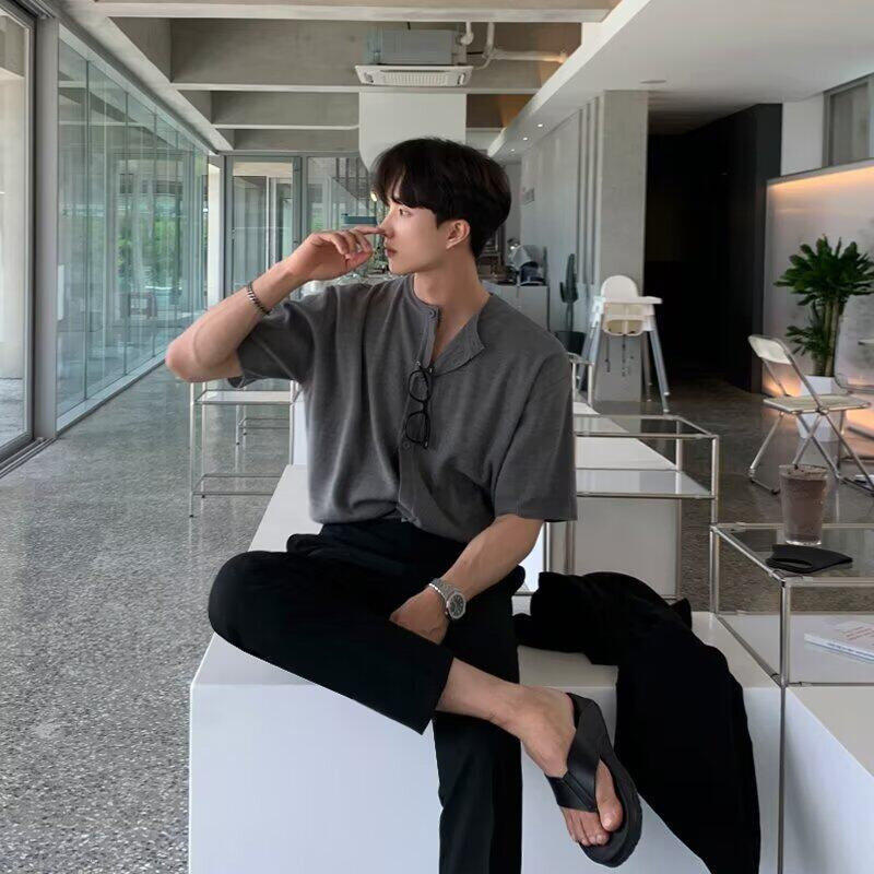 Apricot ice silk knitted short sleeve t-shirt front view summer lightweight mens top TeenStylo