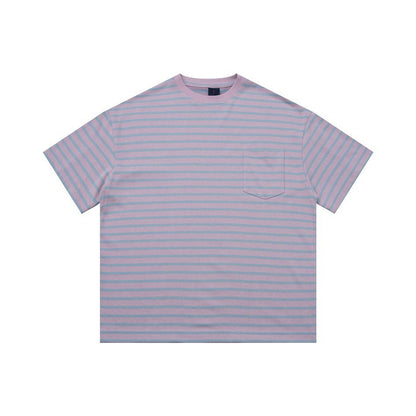 Purple striped men's loose fit college style stripe t-shirt lifestyle shot TeenStylo