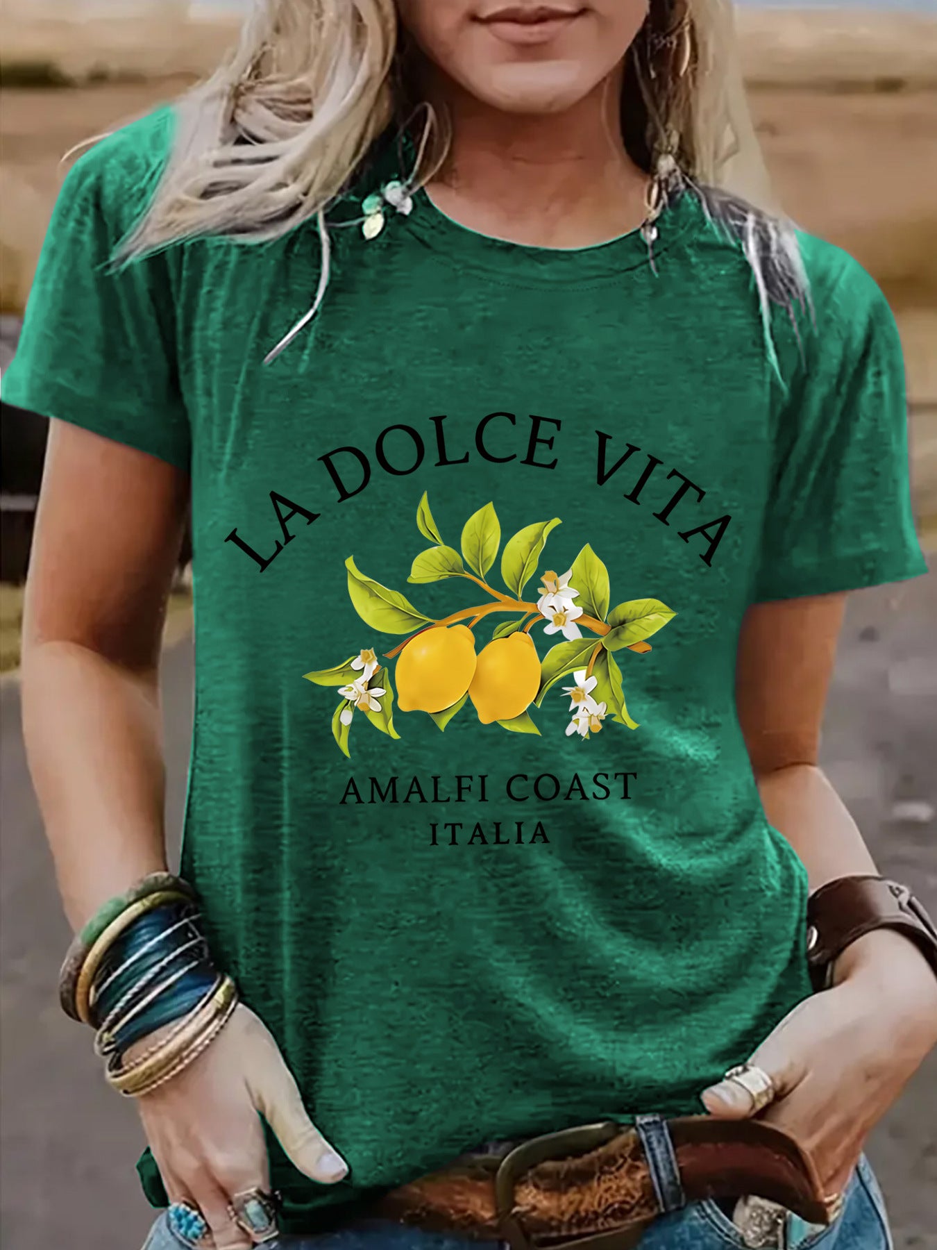 Dark red La Dolce Vita Lemon unisex women's graphic T-shirt lifestyle shot at TeenStylo