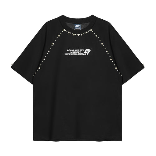 Black oversized pearl design short sleeve t-shirt men's casual streetwear front view | TeenStylo