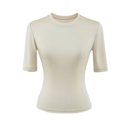 Apricot round neck mid sleeve unisex T-shirt lifestyle shot – Y2K streetwear fashion | TeenStylo