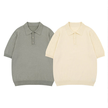 Light blue gray hollow out polo knit short sleeve top unisex lifestyle streetwear style TeenStylo