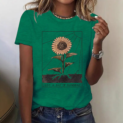 Dark red sunflower detail close-up on women's short sleeve T-shirt, Y2K streetwear style | TeenStylo
