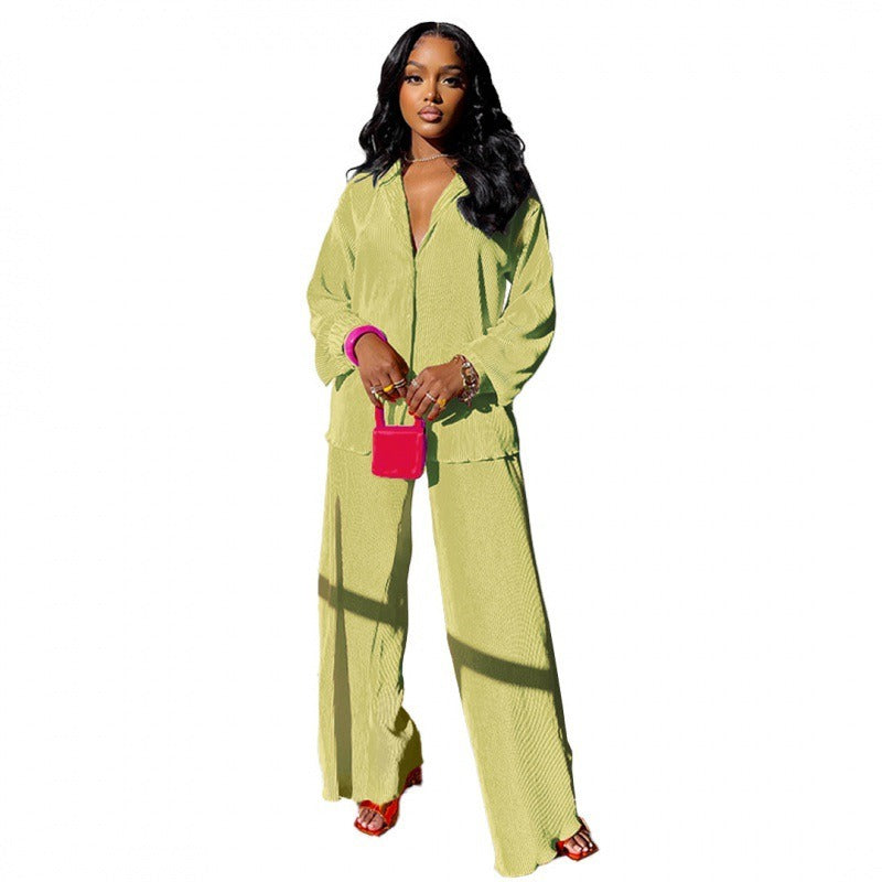 Chartreuse wide leg pants and long sleeve shirt set styled lifestyle shot TeenStylo