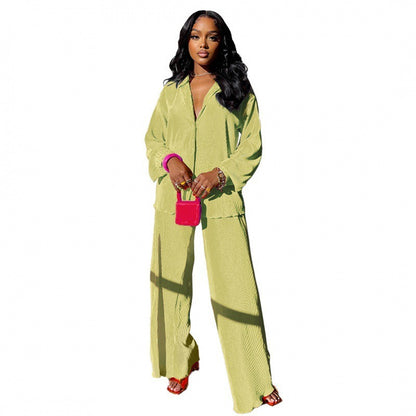 Chartreuse wide leg pants and long sleeve shirt set styled lifestyle shot TeenStylo