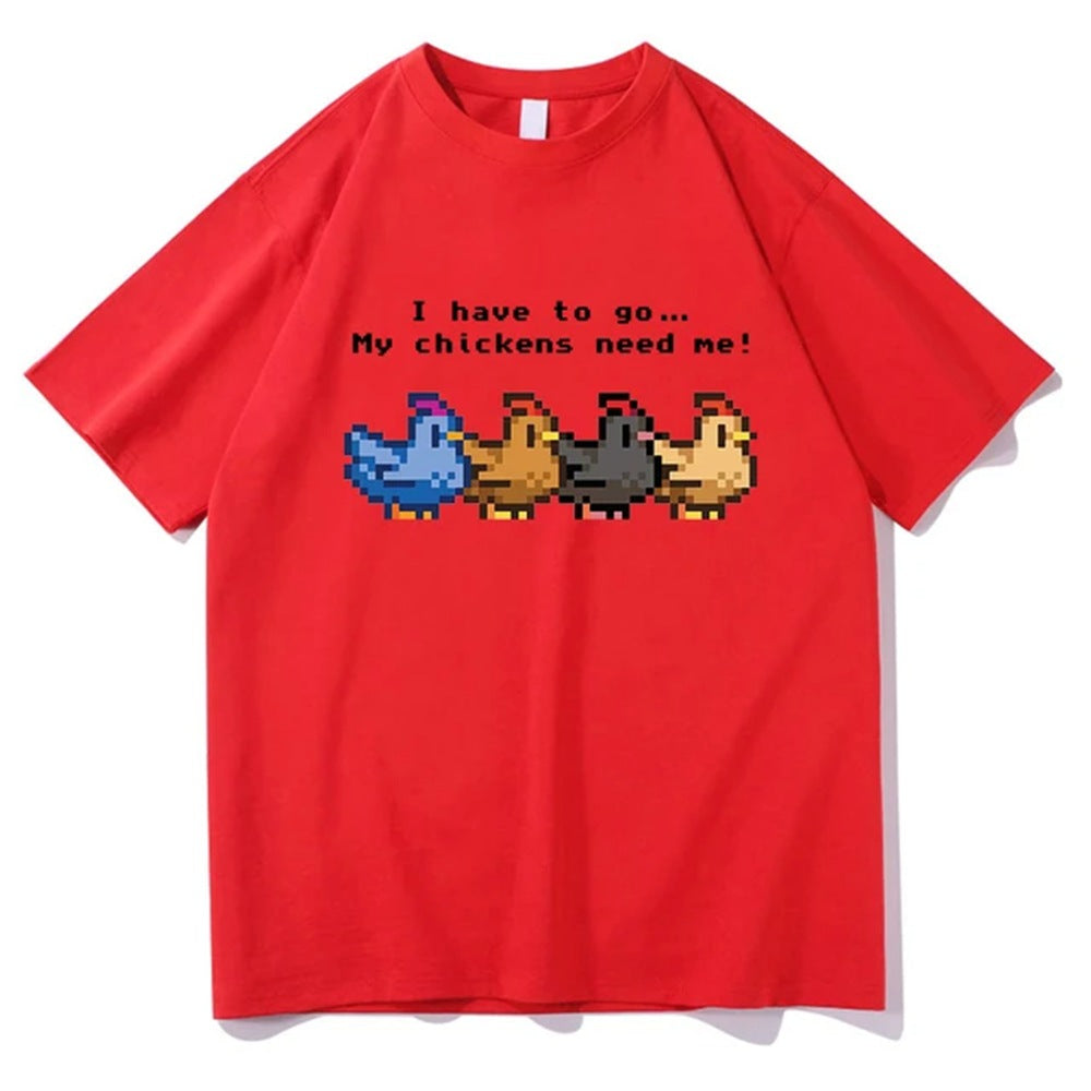 Red Stardew Valley I Have To Go My Chickens Need Me graphic tee lifestyle shot mens streetwear TeenStylo