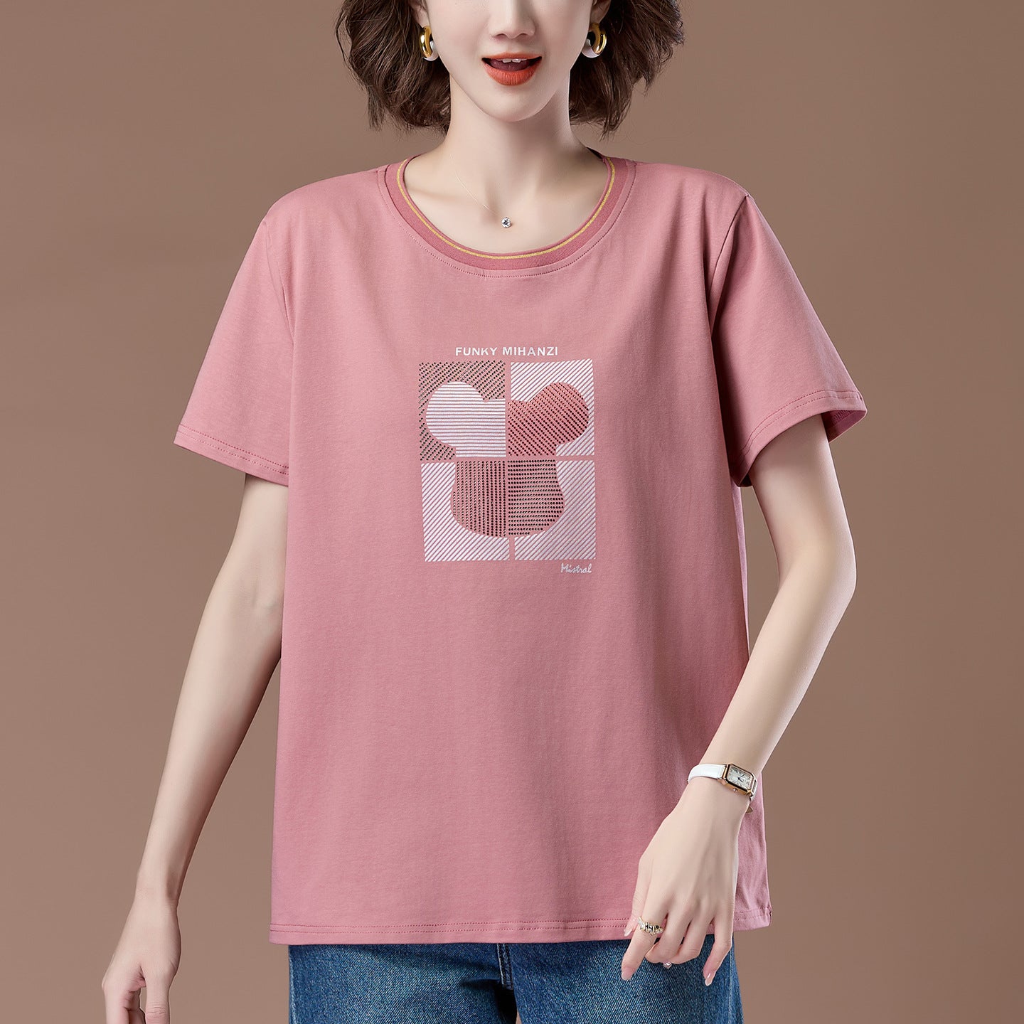 Dark pink women's round neck short sleeve t-shirt back view - Y2K streetwear style | TeenStylo