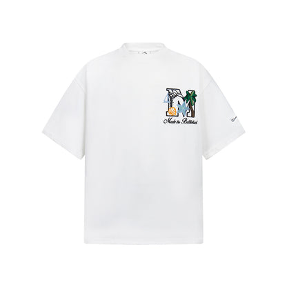 White men's palm tree embroidery short sleeve t-shirt lifestyle street style look | TeenStylo