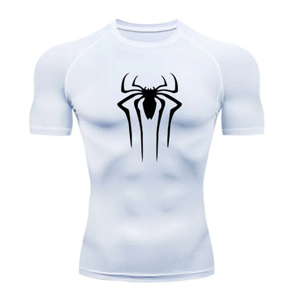 Back view of mens superhero compression gym shirt in black for fitness and sport at TeenStylo