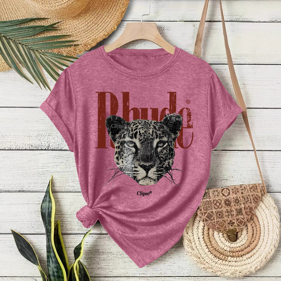 Dark red floral detail close-up on Rhude text women's short sleeve T-shirt TeenStylo
