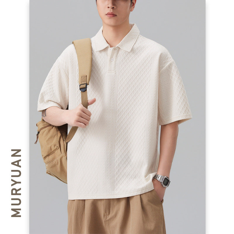 Apricot jacquard texture short sleeve T-shirt men's streetwear lifestyle look TeenStylo