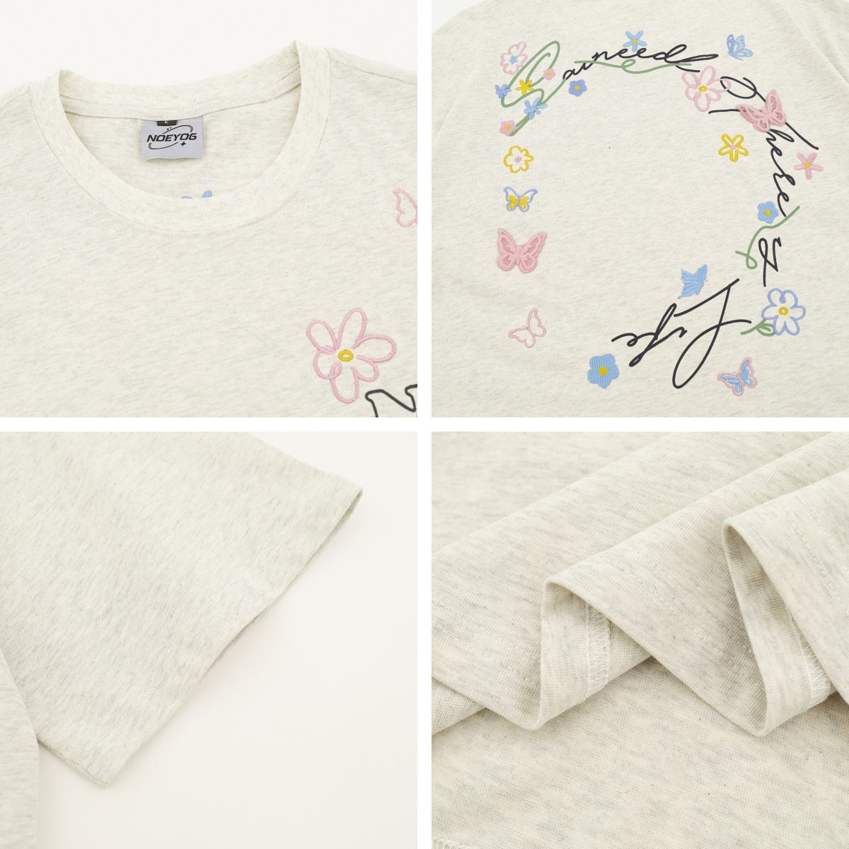 Gray butterfly floral letter embroidery t-shirt styled as lifestyle look, unisex streetwear fashion | TeenStylo