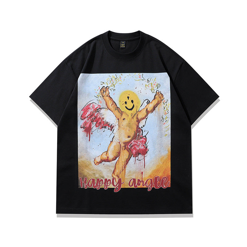Black cartoon print couple t-shirt loose short sleeve streetwear tee for men lifestyle shot TeenStylo