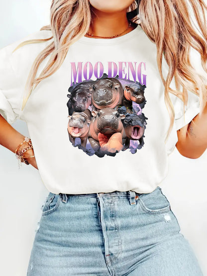 White unisex T-shirt with bouncing pig print, Y2K streetwear style lifestyle shot | TeenStylo