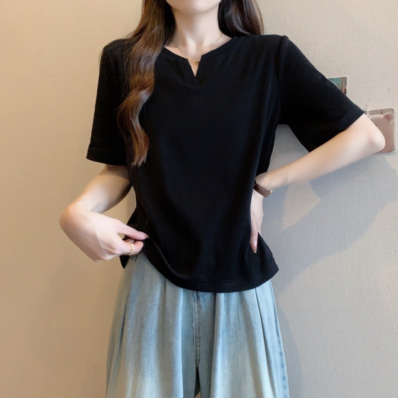 Black V-Neck Short Sleeve T-Shirt back view women summer streetwear essential TeenStylo