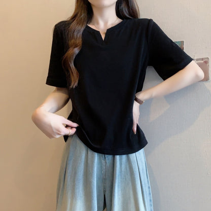 Black V-Neck Short Sleeve T-Shirt back view women summer streetwear essential TeenStylo