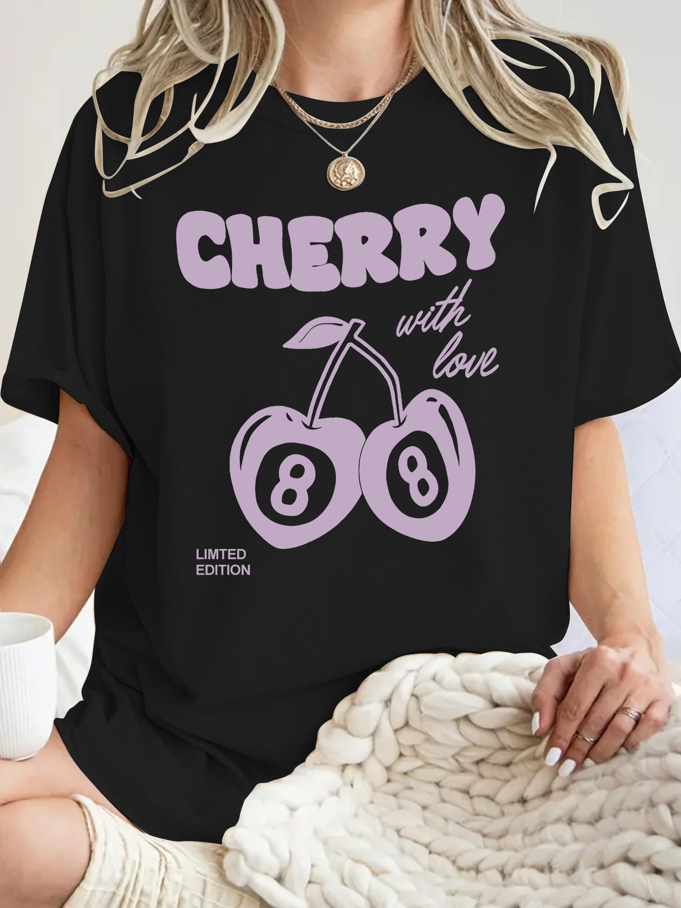 Black cherry print short sleeve women's t-shirt lifestyle look | TeenStylo