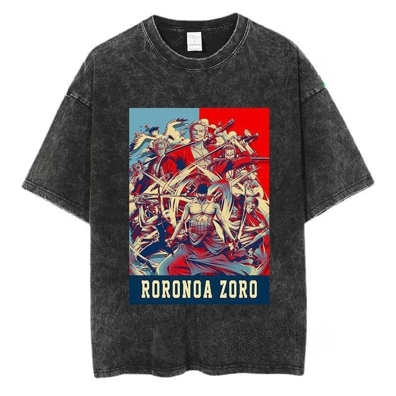 Black One Piece Zoro anime graphic detail on Y2K Harajuku unisex streetwear tee - TeenStylo