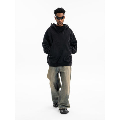 Black patchwork hoodie detail close-up stitching texture oversized deconstructed mens streetwear TeenStylo
