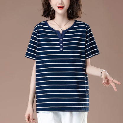 Royal blue striped unisex short sleeve t-shirt lifestyle style shot | TeenStylo