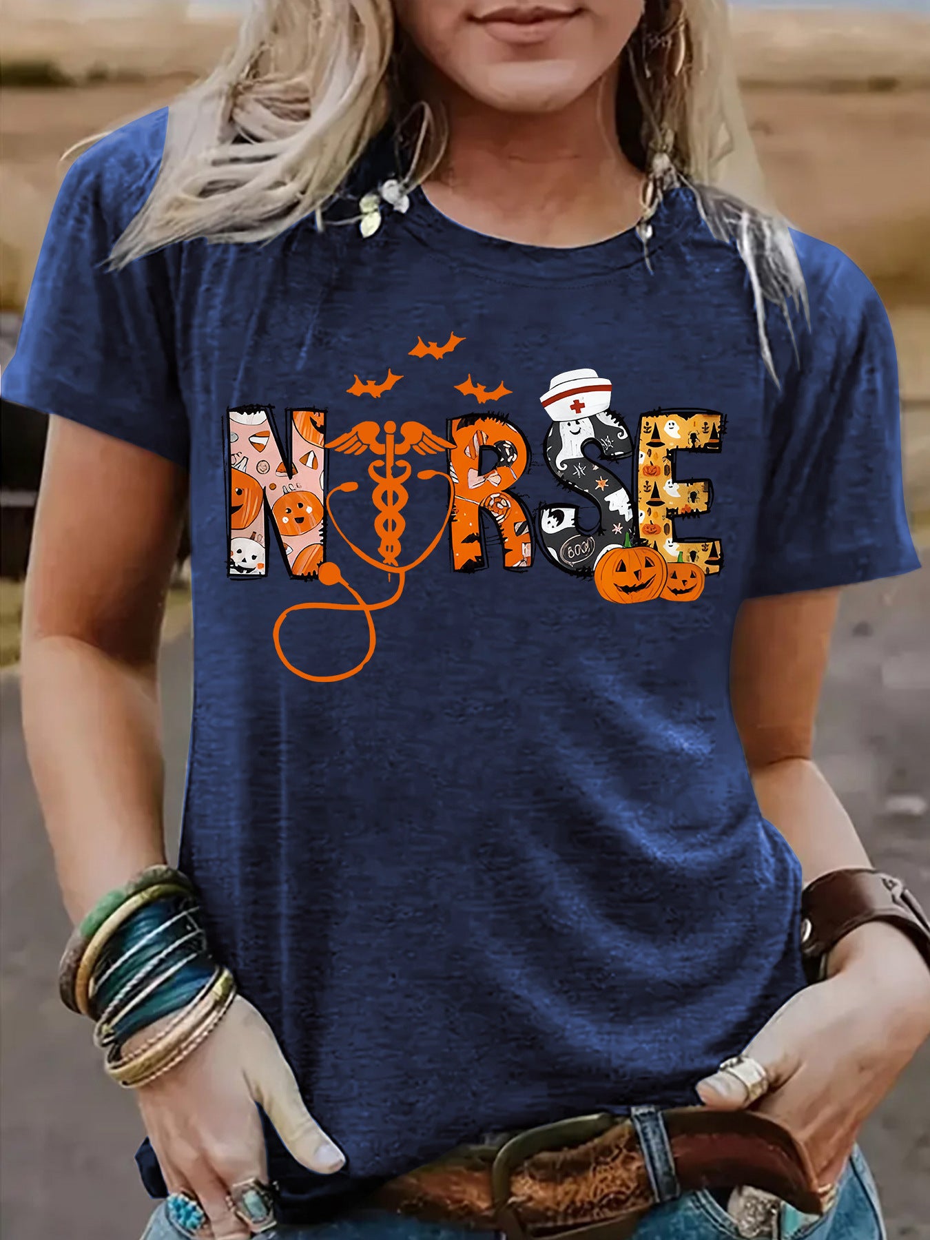 Royal blue Halloween printed short sleeve unisex t-shirt lifestyle shot | TeenStylo