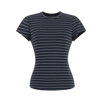 Navy stripe round neck short sleeve unisex T-shirt lifestyle style at TeenStylo