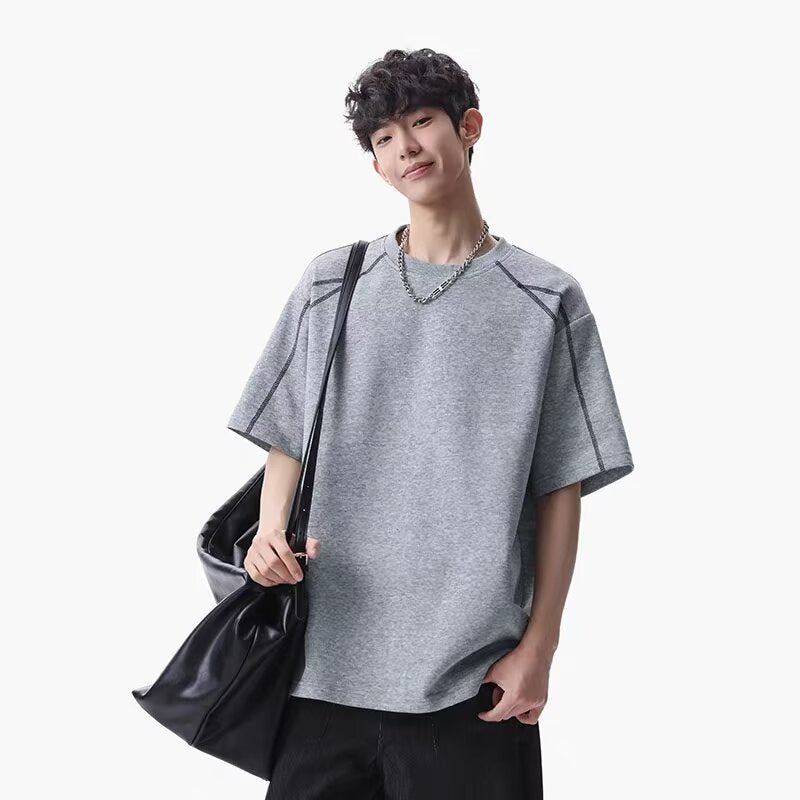 Gray men's loose short sleeve streetwear T-shirt lifestyle look – youth street style fashion at TeenStylo
