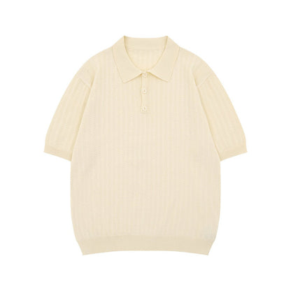White apricot hollow out polo knit short sleeve top unisex streetwear lifestyle look TeenStylo