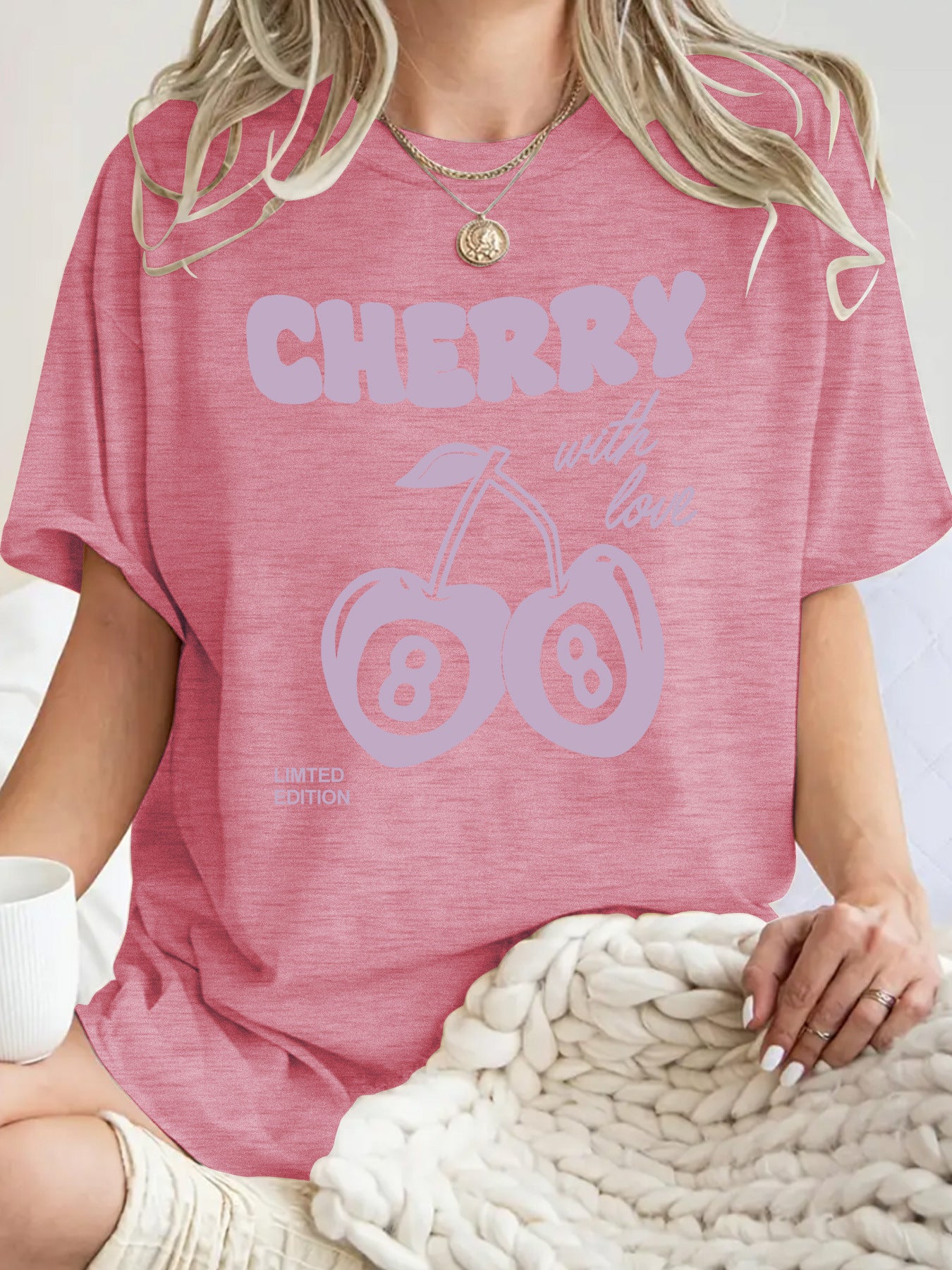 Dark red cherry print short sleeve t-shirt women lifestyle view TeenStylo