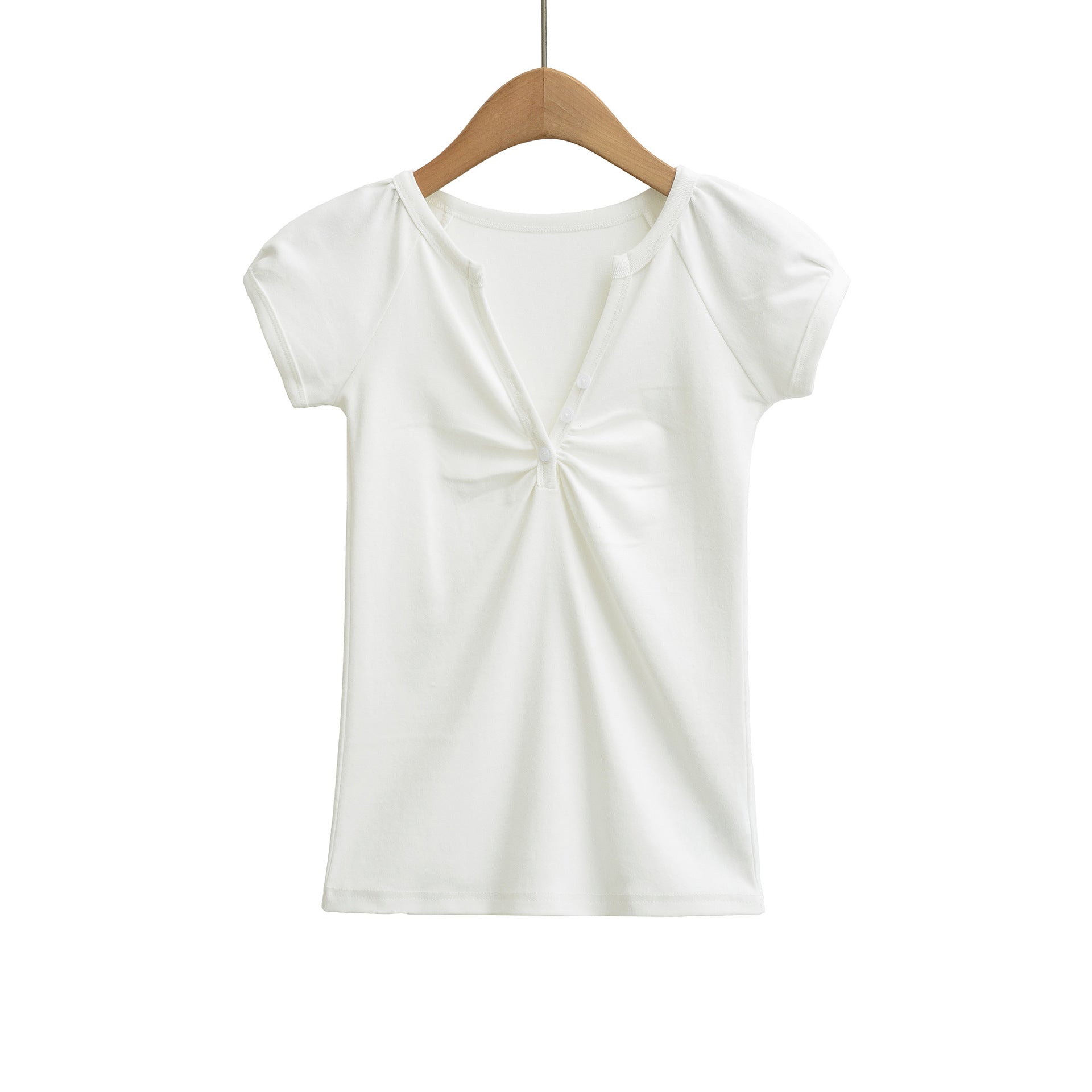 White women's V-neck short sleeve T-shirt front view, casual streetwear style | TeenStylo
