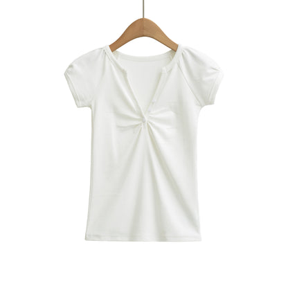 White women's V-neck short sleeve T-shirt front view, casual streetwear style | TeenStylo